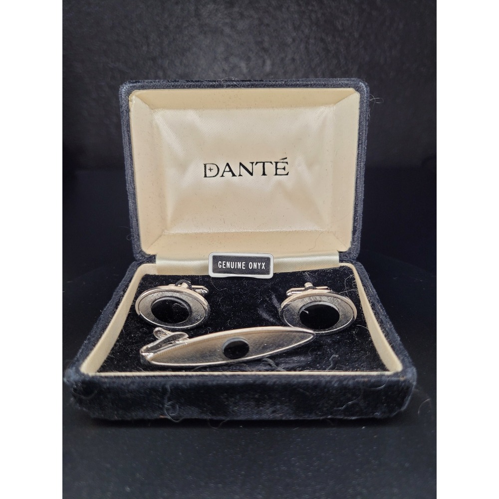 Dante Cufflinks Tie Clip Set Silver Tone Genuine Onyx Oval Textured Inlay Boxed